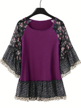 Full Size Frill Printed Round Neck Half Sleeve Blouse