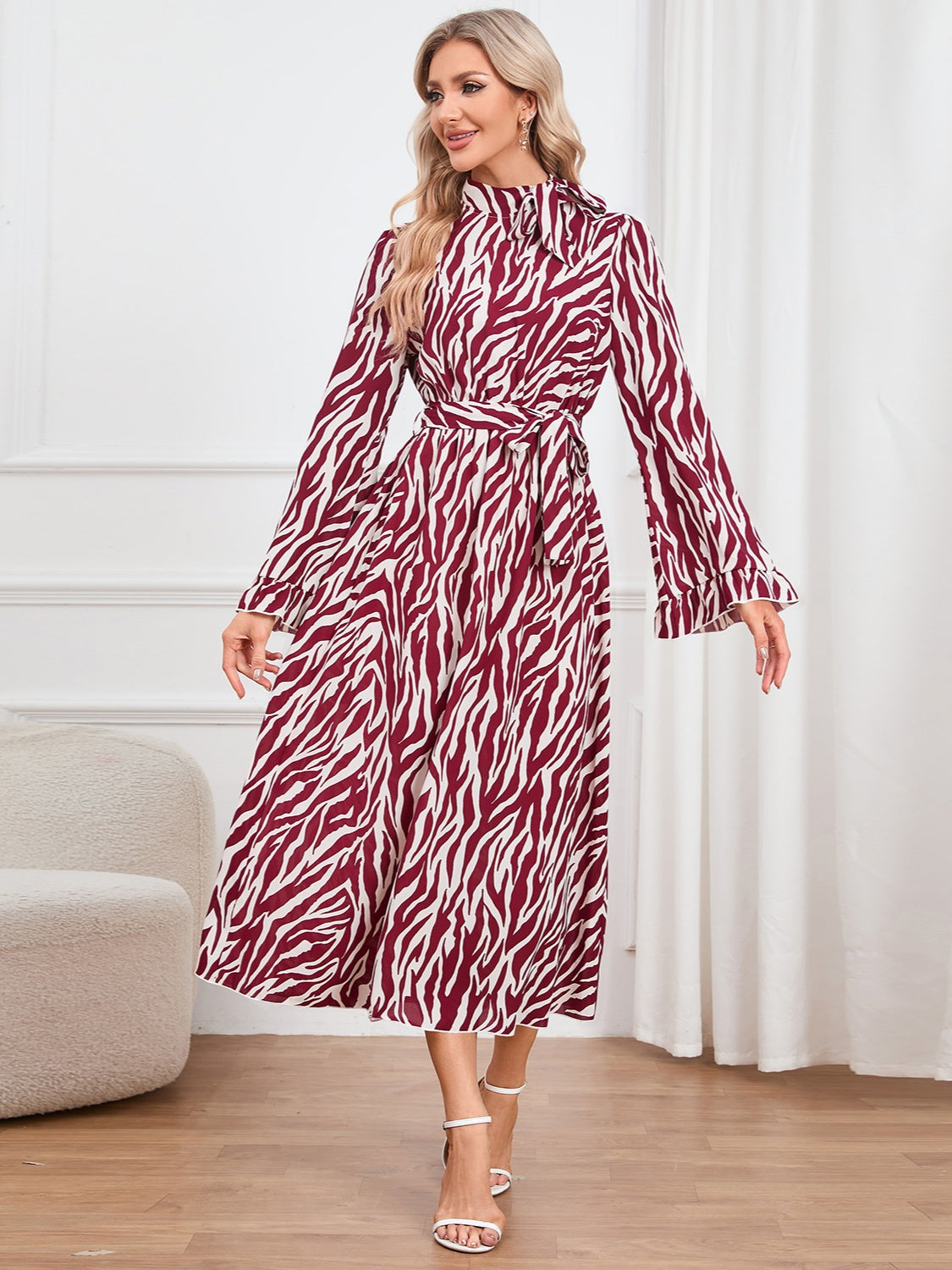 Animal Print Tie Front Ruffle Trim Dress