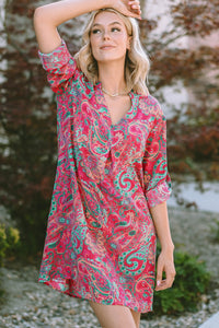 Printed V-Neck Long Sleeve Mini Dress