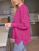 Slit Round Neck Dropped Shoulder Sweater