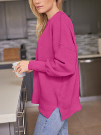 Slit Round Neck Dropped Shoulder Sweater