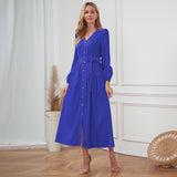 V-Neck Button Up Tie Front Long Sleeve Dress