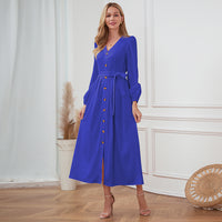 V-Neck Button Up Tie Front Long Sleeve Dress