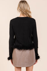 Mittoshop Feather Trim Long Sleeve Crop Hacci Knit Top
