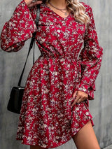 Printed V-Neck Long Sleeve Mini Dress