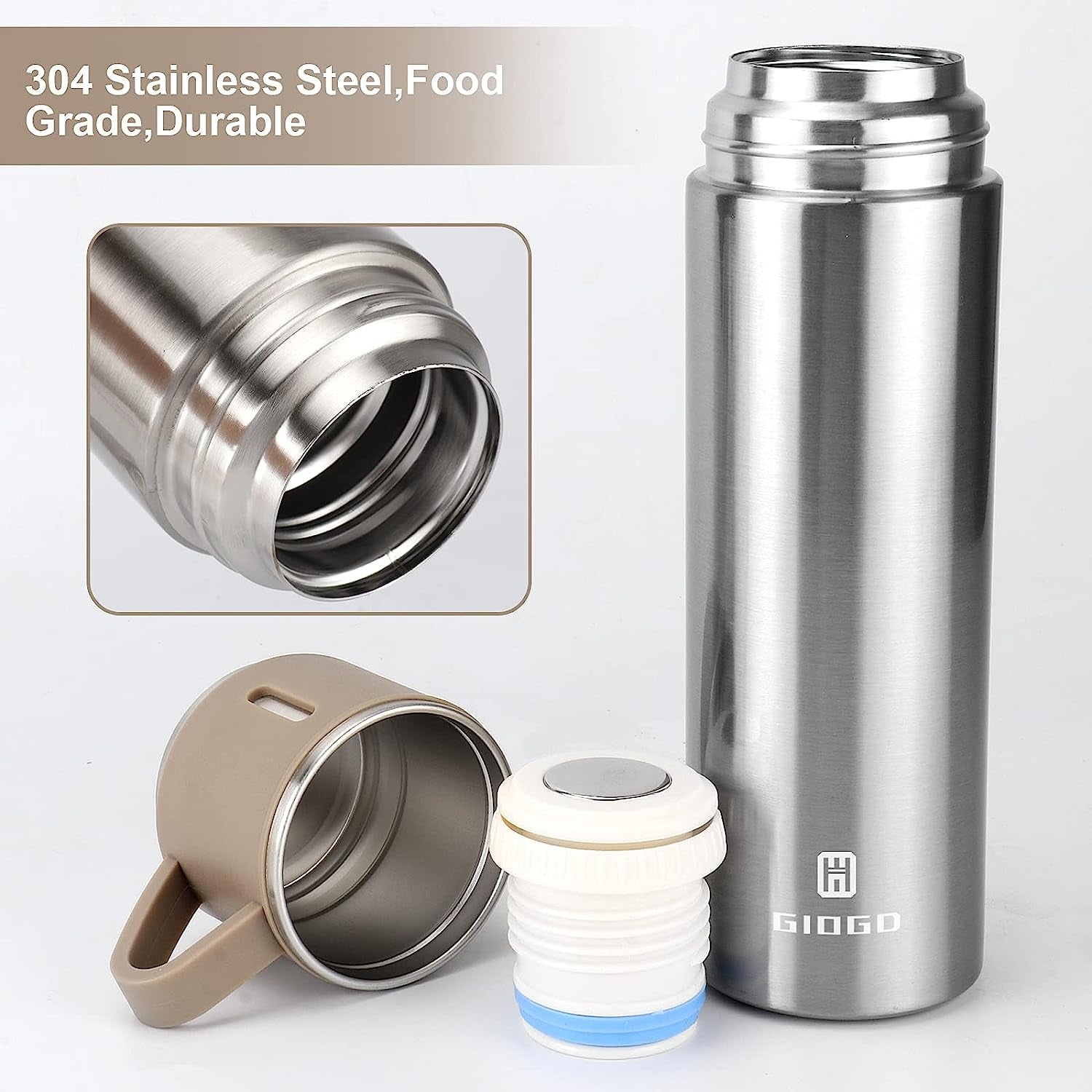Stainless Steel Thermo 500Ml/16.9Oz Vacuum Insulated Bottle with Cup for Coffee Hot Drink and Cold Drink Water Flask.(Brown,Set)