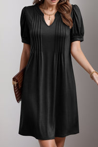 Pin-Tuck Notched Short Sleeve Dress