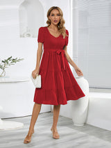 Smocked Tie Front Short Sleeve Tiered Dress