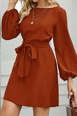 Tied Boat Neck Balloon Sleeve Mini Dress