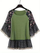 Full Size Frill Printed Round Neck Half Sleeve Blouse