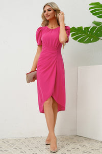 Slit Ruched Round Neck Puff Sleeve Dress