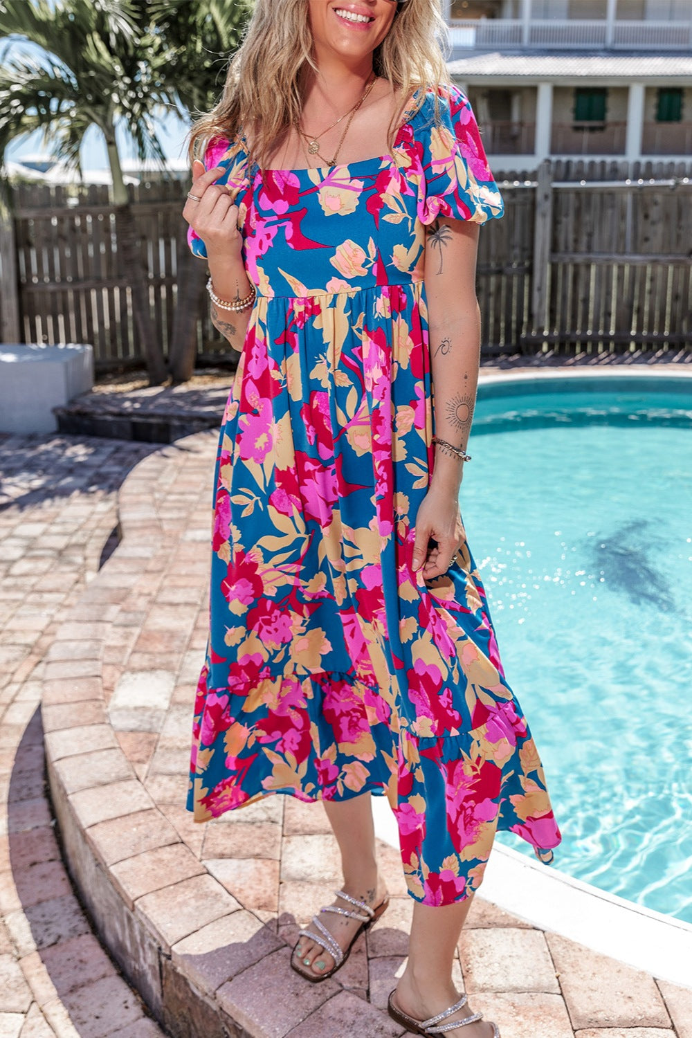 Printed Square Neck Short Sleeve Midi Dress
