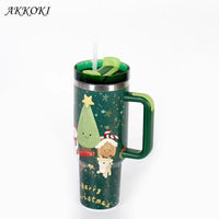 Christmas Style Travel Coffee Mug Stainless Steel Car Thermal Mug with Straw Vacuum Flask Thermos Tumbler Bottle Water Cup Gift