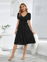 Smocked Tie Front Short Sleeve Tiered Dress