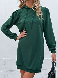 Perfee Drawstring Puff Sleeve Hooded Dress